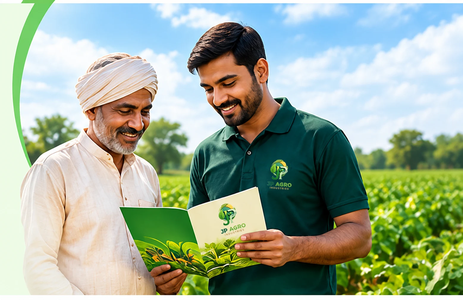 J.P Agro Industries (India) representative showing the JP Kissan catalogue to a farmer