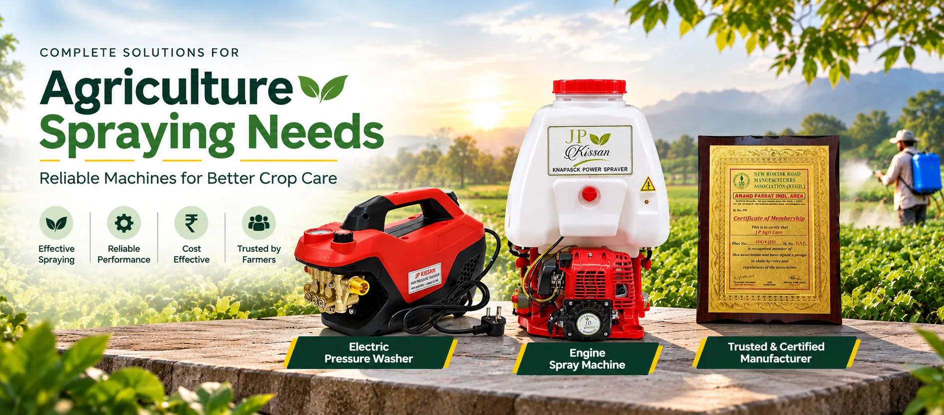 JP Kissan electric pressure washer and engine knapsack spray machine from a certified manufacturer