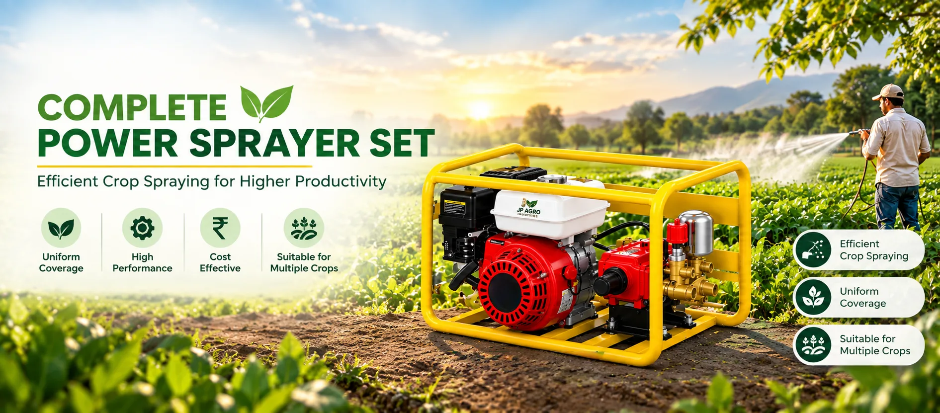 JP Agro complete power sprayer set with petrol engine and HTP pump on a carry frame
